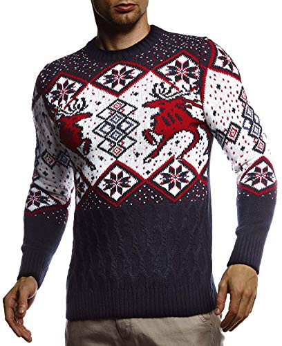 Leif Nelson Herr stickad tröja norsk tröja tröja med rund krage vintertröja män tröja för jul vinter norskt mönster slim fit crew neck LN20761, blå, XL