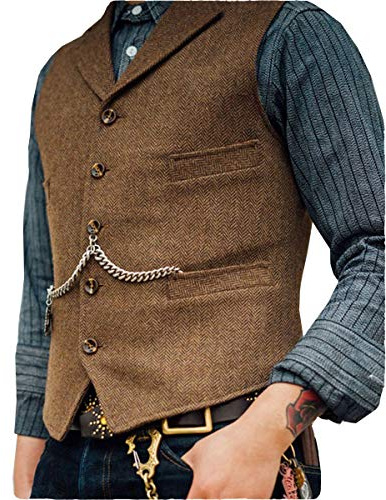 HSLS Chaleco de traje de negocios para hombre Chaleco de tweed de lana de solapa con muesca de ajuste regular para boda(M, marrón)