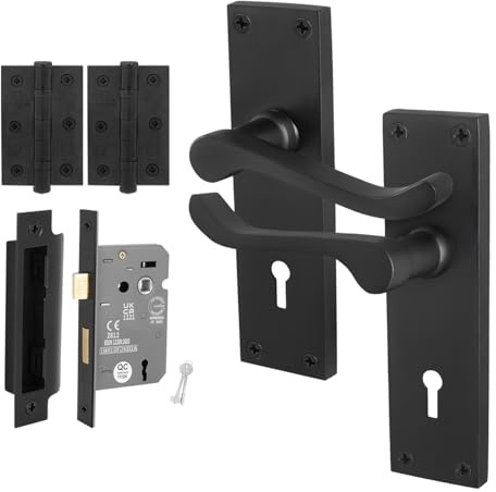EAI Matt Black Door Handles with Sash Lock 64mm and Hinges | Complete Sash Lock Kit with 1 Pair of Victorian Scroll Lever Door Handles, 64mm Sash Lock, Hinges, Fixings Included