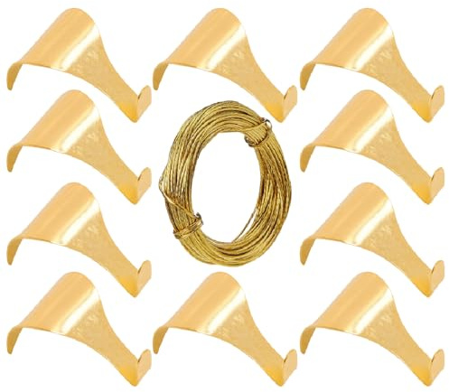 Picture Rail Hooks Brass Plated with 3m Hanging Wire 10 Pack | 10 brass plated picture rail hooks with 3m brass-coloured hanging wire for dado rails, artwork, photos and frames.