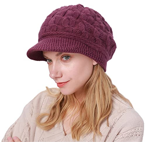 CheChury Damen Wollmütze Winter Mütze Warme Strickmütze Frauen Wintermütze Kaschmir Mütze mit Shirm Damen Schirmmütze Grobstrick Baskenmütze Winter Strickmütze mit Schirm Damen Barett Fleece