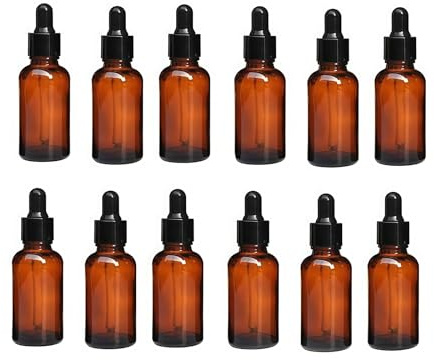 ericotry 12 botellas con cuentagotas de vidrio ámbar vacías, recargables, con pipetas cuentagotas de vidrio para aceites esenciales, perfumes, aromaterapia, laboratorio de química (20 ml)