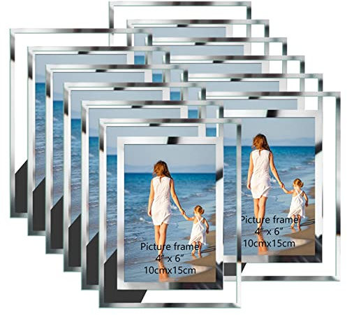 Hoikwo Bulk 4x6 Picture Frames, 12 Packs Silver Photo Frames 4 by 6, Glass Wedding Frames 4x6, Clear Mirror Wedding Photo Frames, Only for Tabletop Display Vertically or Horizontally