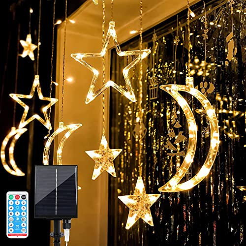 KINGCOO Solar Curtain Lights Outdoor, Waterproof 138 LED Twinkle Star Moon Window Fairy Fairy Light Curtain 8 Modes for Indoor Outdoor Christmas Wedding Party Decorations (Warm White)
