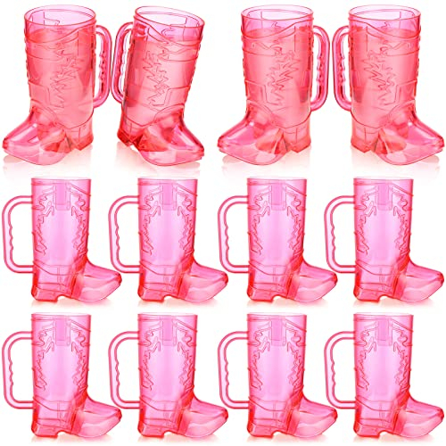 Sieral Cowboy Boot Shot Glasses, 12 Pcs 16 oz Large Plastic Boot Shot Glasses Drink Cups Mug with Handle for Cowboy Cowgirl Western Theme Bachelorette Party Favors(Pink)