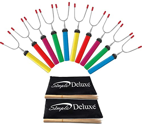 Simple Deluxe Kit di 10 bastoncini per arrostire marshmallow da 86,4 cm, design allungabile, spiedini telescopici e forchette per hot dog con manico in legno