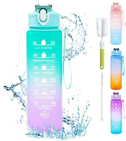 Sport Trinkflasche 750 ml mit Strohhalm, Wasserflasche mit Zeitmarkierungen, Auslaufsicher Sportflasche Kohlensäure Geeignet, BPA Frei Trinkflaschen für Schule, Fahrrad, Fitness, Wandern (Hellgrün)