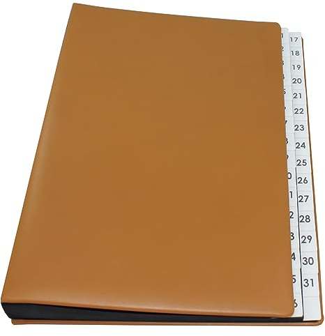 Pultordner mit Register 1-31 aus glattem Vollrindleder in Cognac, passend für DIN A4, Softcover mit dehnbarem Rücken, Prägung auf Anfrage