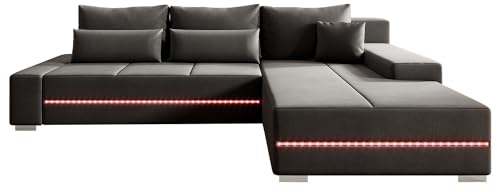 Juskys Sofa Davos Rechts mit Schlaffunktion - Ecksofa für Wohnzimmer mit Bettkasten & LED - Stoff Schlafsofa L Form Couch Beleuchtung - Dunkelgrau