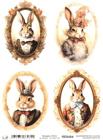 Josys Bastelmärchen Reispapier A4 Strohseide Decoupage Ostern Hase in Vintage Anzug RE6484
