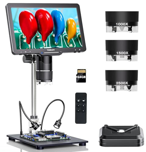 TOMLOV TriL110 3 Objektiv 2K HDMI Digitales Mikroskop, 10,1 Münzmikroskop für gesamte Münzen mit IPS-Bildschirm, 2500X Löt-Mikroskop für Erwachsene Kinder, 14 LED-Leuchten, PC/TV-kompatibel, 64 GB