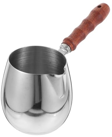 TOPBATHY Jarra de Leche de Acero Inoxidable 420 Ml Mango Ergonómico de Madera y Marcas de Medición Precisas para Espumar Leche en Uso Profesional y Doméstico