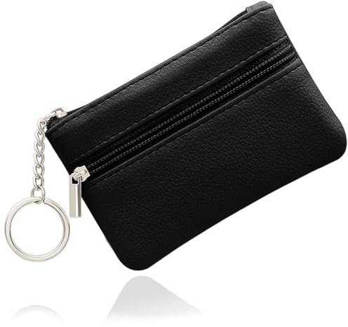 SENLINLU Small Coin Purse, Black, Women's Minimalist Genuine Leather Wallet with 2 Compartments & Keychain