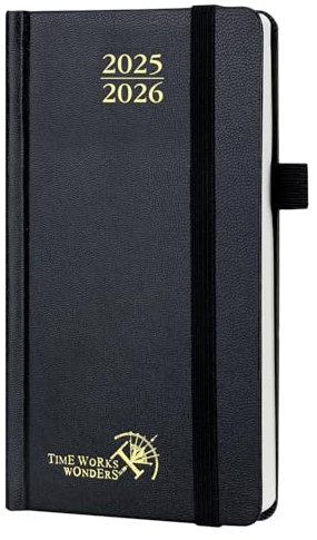 POPRUN Taschenkalender 2025 2026 Klein 16,5 x 9 cm (Aug.2025-Dez.2026) - Kalender 2025 2026 Klein Hardcover - Terminplaner, Planer 1 Woche 2 Seite mit Innentasche - Schwarz