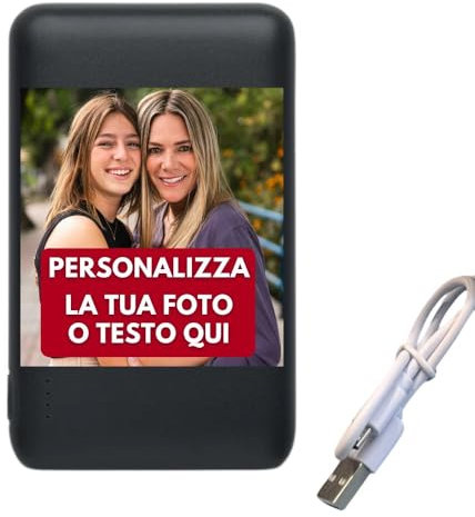 PhoneThrone - Power Bank 5000 Mah Personalizzabile con Logo e Testo, Mini Power Bank Iphone Universale, Batteria Portatile Accessori da Viaggio, Powerbank Piccolo e Leggero (130 grammi) (Nero)