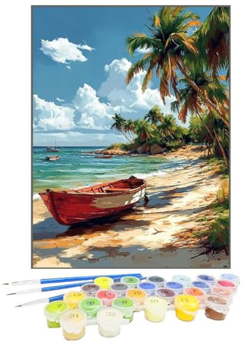 Painting by Number Boat, Paint by Numbers for Adults Palm Trees DIY Canvas Oil Painting Kit for Kids or Beginner Adult Crafts with Paint Brushes Acrylic Pigment Drawing 40x54inch Without Frame G9-X