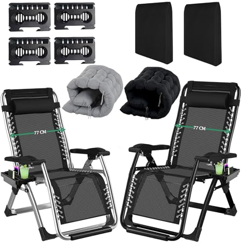 Fiutazge 2Pcs 77cm Extra Bredd Solstol, hopfällbar solstol, med kudde, Nackstöd, mugghållare, solstolsskydd, trädgårdsstol, vikbar för uteplats, trädgård, strand,Grå+Svart
