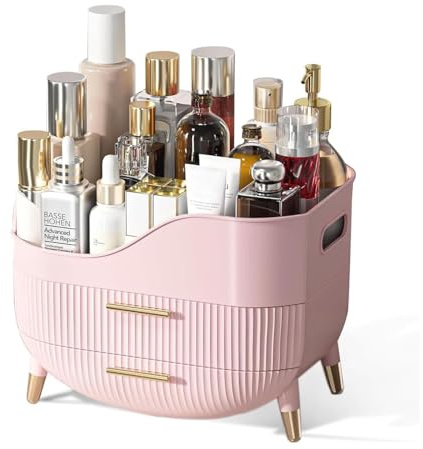 SIOOUI Makeup-Organizer mit Schubladen, Große Kosmetik-Aufbewahrung für Schminktisch, Kosmetik-Vitrine mit Griff für Schlafzimmer, Badezimmer & Waschtisch (Rosa)