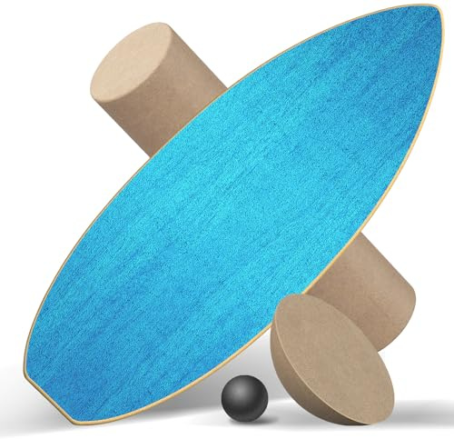 Healfith Balance Board Erwachsene,Gleichgewichtstraining - Balance Board Holz,Oberflächenbehandlung gegen Rutschen inklusive Rolle,inkl. Rolle, Halbkugel und Balance Ball (Blau)