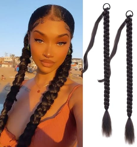 Fulang Hair 2PCS Braid Ponytail Extension, Zopf mit Haargummi, Haarteil zum Einflechten Lang Ponytail, Kunsthaar für Frauen, Geflochtener Haarteil
