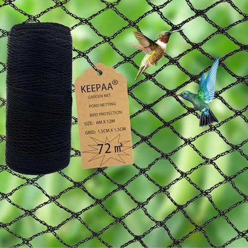 KEEPAA Filet Anti Oiseaux Jardin - 6mx12m Filet Poules 15mm Mailles - pour Volaille Poulailler Buissons de myrtilles Toits d'arbres fruitiers Anti Faucon Noir (6M*12M)