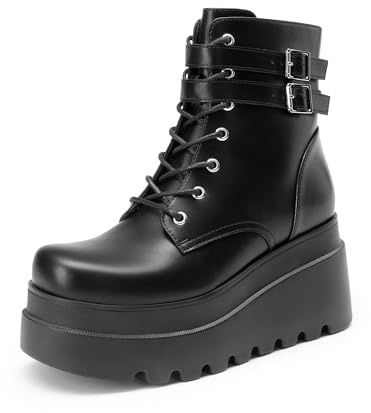 DREAM PAIRS Women Platform Combat Ankle Boots Goth Chunky High Heel Lace Up Motorcycle Booties,Size 7.5,Black-Pu,DWUMAB2519