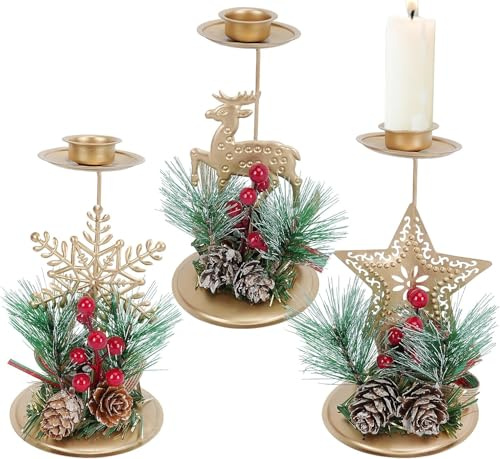 FALSKT 3PCS Kerzenhalter Weihnachten Kerzenständer Gold Adventskerzenhalter Metall 15*8cm Adventsteller Kerzenstecker Advent Kerzenhalter Weihnachtskerzenhalter für Stumpenkerze Weihnachtsdeko Tisch