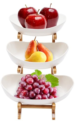 NiuLifeya 3 Tier Ceramic Fruit Bowl Holder White Fruit Bowl Stand with Bamboo, Serving Plate for Kitchen Vegetable Snacks Candy Storage for Fruit, Snacks, Dessert