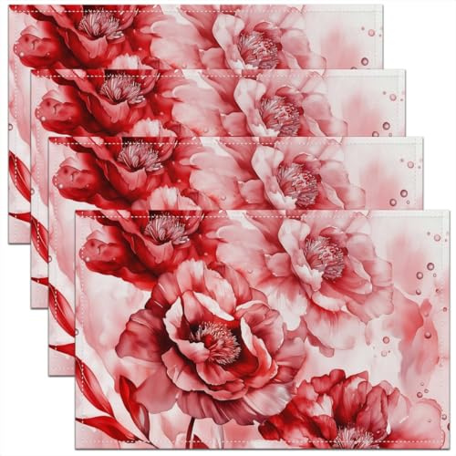 Homemissing Red Placemats Set of 4 Rose Floral Table Mats Abstract Pink Flowers Place Mat for Kitchen Dining Table Party Decor Indoor Outdoor 45X30cm Non-Slip Easy to Clean Garden Flower Romantic