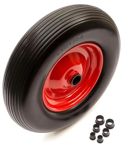 4.80/4.00-8 PU Red Metal Wheel & Tyre Solid Flat Free 15 Inch | Wheelbarrow Puncture Proof, 26mm/20mm/16mm/12mm Bore, 75mm Hub, Easy Fit Reducer Bushes, Fits 4.00-8, 4.80-8