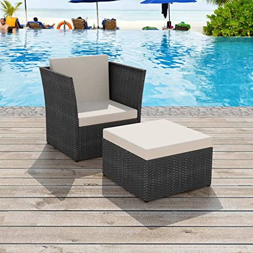 FWIKDUN Gartensessel mit Fußhocker Set aus PE-Rattan und Stahl Rattansessel Lounge-Sessel in Schwarz mit bequemen Polstern 4 Stück