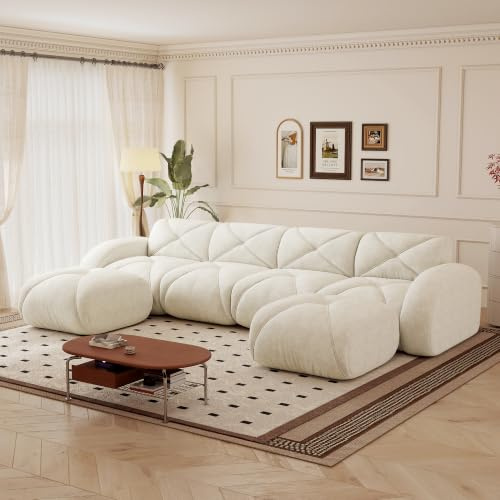 Yihomfy Canapé d'angle Convertible Moderne - 258 cm Grand canapé d Angle compressé 6 Places, canapé modulable en Chenille en Forme de U avec 2 poufs pour Le Salon, Aucun Montage requis, Blanc
