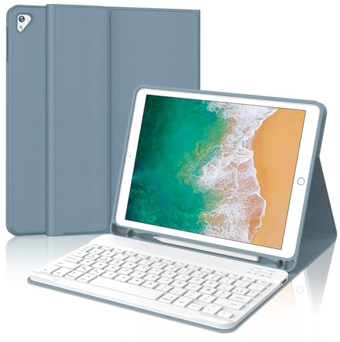 Clavier Coque pour iPad 6/5ème Generation 9.7 Pouces/Air 2/Air 1/Pro 9.7 | Étui Keyboard Détachable Bluetooth sans Fil, AZERTY Français avec Porte Crayon per iPad 2018 9.7, Bleu gris