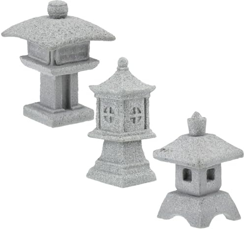 3pcs Mini Garden Pavilion Figurines Set, Simulated Stone Lanterns with Square and Curved Designs, Grey Landscape Ornaments for Patio, Bonsai, and Home Décor