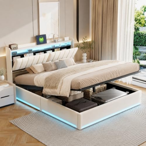 KSFASHZ - Cama de 140 x 190 cm con cabecera de cama de almacenamiento, cama doble acolchada con luz LED y USB, marco de cama con somier de láminas, terciopelo (sin colchón)