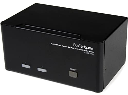 StarTech.com 2 Port Triple Monitor DVI USB KVM Switch with Audio & USB 2.0 Hub - Multi Monitor KVM - Dual Port KVM Switch (SV231TDVIUA),Black