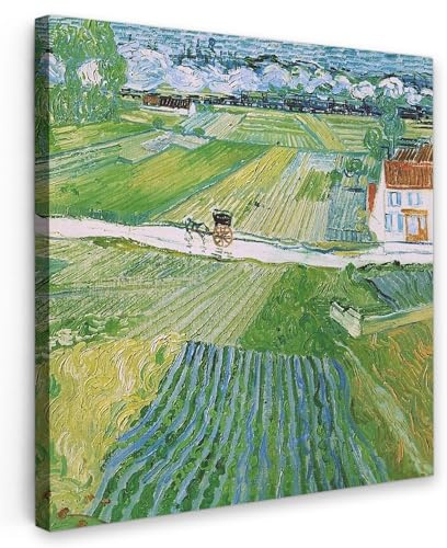 MuchoWow© Leinwand Bilder, Einzigartige Wanddeko mit Rahmen, Landschaft mit | 50x50 cm - Kutsche und Zug - Vincent van Gogh, Wandbilder Wohnzimmer, Deko Schlafzimmer
