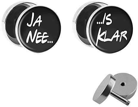 Treuheld® | Ja nee - is Klar | Fake Plugs im Set | Lustige Spruch Ohrstecker mit Gewinde zum Schrauben | 10mm | Witzige Chirurgenstahl Ohrringe