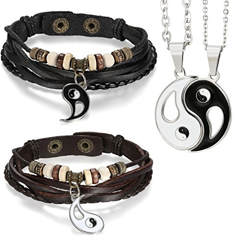 Aroncent Halskette mit Tai Chi Anhänger Verstellbar Armband Set Vintage Leder Armbänder Yin Yang Taijitu Schmuck Set 2/4PCS