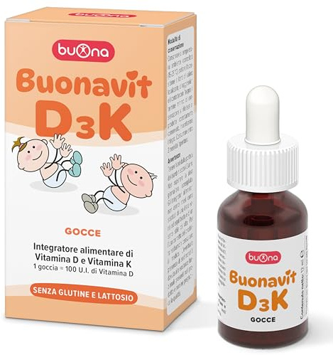 Buonavit D3K Integratore Vitamina D Bambini e Neonati 12 ml 400 UI al Giorno Vitamina D3 Gocce Con Vitamina K1 Supporta Sistema Immunitario Bambini, Ossa Denti Contagocce Senza Glutine e Lattosio