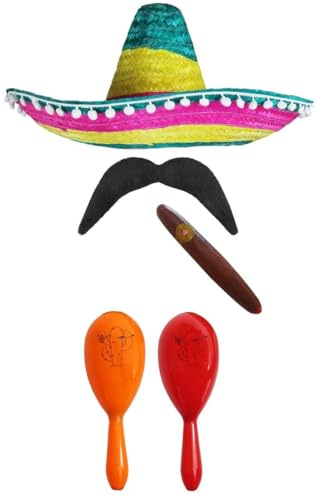 Mexikansk snygg klänning accessoarer sett. Mexikansk SOMBRERO + MARACAS + TAS. Perfekt för Mexikanska finsmakiga kläder SENORITA BANDIT MARIACHI (MULTI-färgad POM SOMBRERO + orange och röd maracas)