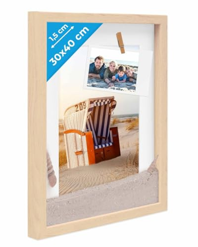 PHOTOLINI 3D Bilderrahmen zum Befüllen 30x40 Natur groß, 1,5 cm tiefer Objektrahmen mit Glas, tiefer Bilderrahmen 30x40 Holz MDF mit Passepartout, Dicker 3D Rahmen befüllbar für Gegenstände Geschenk