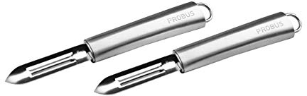 Probus - 670228 Lot de 2 épluche-légumes ergonomiques en acier inoxydable, manche arrondi, lame affutée, lavables au lave-vaisselle, 19 cm, Argenté