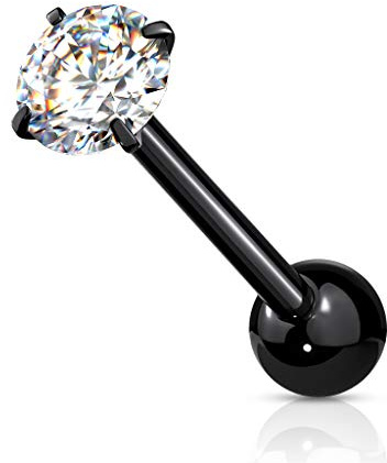 Tata Gisèle Piercing Langue Barbell en Acier Chirurgical 316L et Oxyde de Zirconium - Piercing Langue avec Zircon Rond Serti Quatre Griffes - (Noir/Transparent)