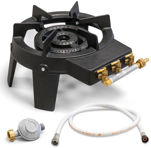 Rechaud Gaz Fonte véritable 9.8 KW 4 pieds 3 robinets + Tuyau gaz à vis 1.50m + Détendeur Butane