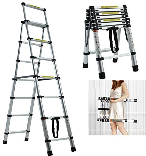 Telescopic Ladder A-Frame Extension 7 Step Ladder Aluminium Lightweight Portable Multi-Purpose Folding Ladder Adjustable Ladder with Hand Rails and Safety-Lock 330lbs Capacity