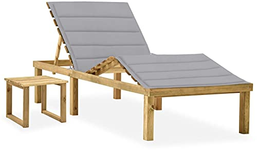 Garten-Sonnenliege, mit verstellbarer Rückenlehne und Fußstütze, integriertem Beistelltisch und gepolsterter Auflage aus Kiefernholz für Terrasse, Balkon oder Garten