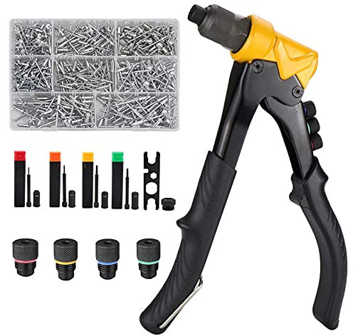 Rivet Aveugle Manuel, Pince à Rivet, Riveteuse Manuelle, avec 400 Rivets Métalliques PCS, 4 Buses Remplaçables, avec Système de Réglage des écrous M3 M4 M5 M6, Outil d' Alésoir, Pistolet à riveter