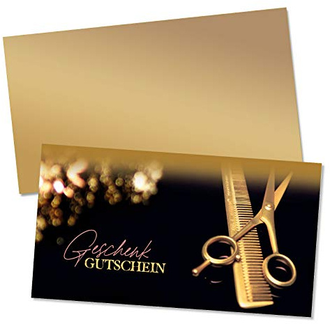 GESCHENKGUTSCHEINcom by POS-HAUER. Gutschein-Set. 10x Gutschein + Kuvert. Für Friseurgeschäfte Friseure, blanko zum selber Ausfüllen.