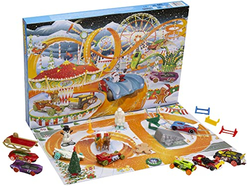 Hot Wheels Adventskalender, 8 Hot Wheels Spielzeugautos mit Feiertagsmotiven und diversem Zubehör mit Spielmatte, Geschenk & Spielzeug für Kinder ab 3 Jahren, HCW15